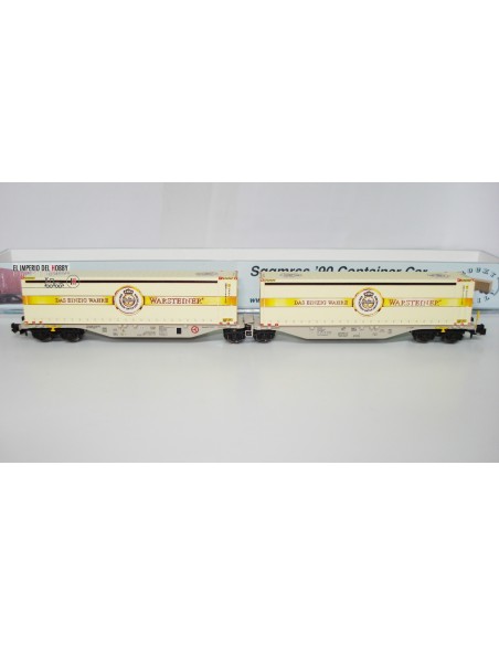 ROCKY-RAIL VAGÓN PORTACONTENEDORES ARTICULADO TIPO  Sggmrs 90, 6 EJES CON 2 CONTENEDORES 'WARSTEINER'
