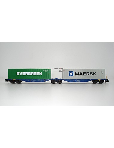 ROCKY-RAIL VAGÓN PORTACONTENEDORES ARTICULADO TIPO  Sggmrs 90, 6 EJES CON 2 CONTENEDORES  "EVERGREEN-MAERSK"