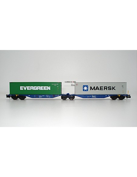 ROCKY-RAIL VAGÓN PORTACONTENEDORES ARTICULADO TIPO  Sggmrs 90, 6 EJES CON 2 CONTENEDORES  "EVERGREEN-MAERSK"