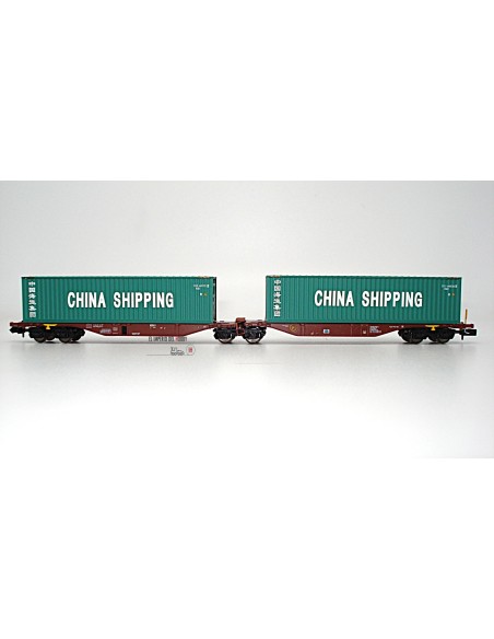 ROCKY-RAIL VAGÓN PORTACONTENEDORES ARTICULADO TIPO  Sggmrs 90, 6 EJES CON 2 CONTENEDORES "CHINA SHIPPING"