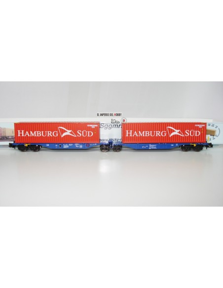 ROCKY-RAIL VAGÓN PORTACONTENEDORES ARTICULADO TIPO  Sggmrs 90, 6 EJES CON 2 CONTENEDORES "HAMBURG/SÜD"