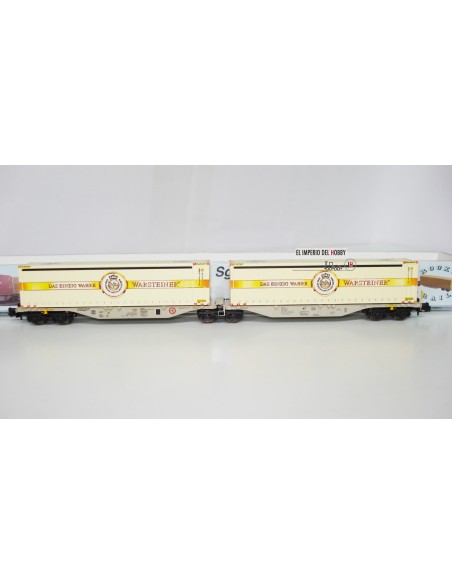 ROCKY-RAIL Gelenk-Containertragwagen Typ Sggmrs 90, 6-achsig, mit 2 „Warsteiner“-Containern