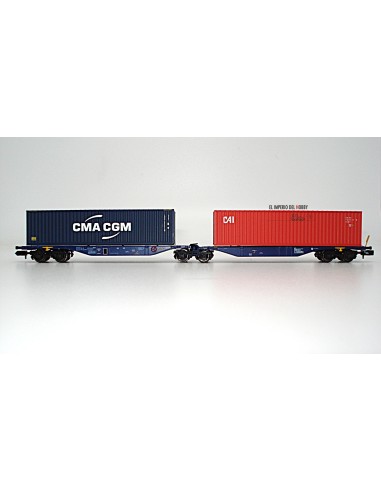 ROCKY-RAIL Gelenk-Containertragwagen Typ Sggmrs 90, 6-achsig, mit 2 Containern „CMA CGM-CAI“