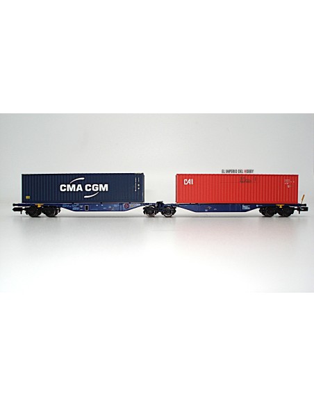 ROCKY-RAIL Gelenk-Containertragwagen Typ Sggmrs 90, 6-achsig, mit 2 Containern „CMA CGM-CAI“