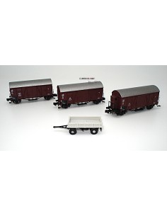 HOBBYTRAIN DB, SET DE 3 VAGONES DE MERCANCÍAS Y UN VEHÍCULO COMPLEMENTARIO